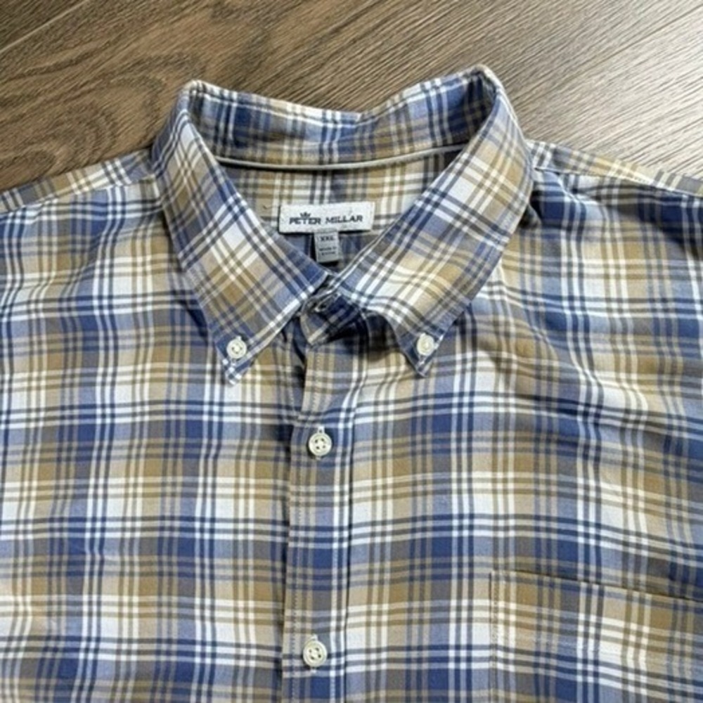 Peter Millar Crown Men's Mount Pearl Cotton Sport Shirt Blue Tan XXL Golf Work